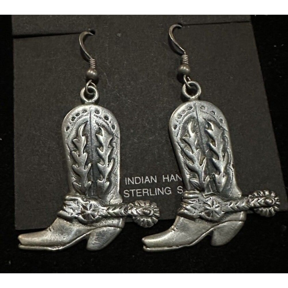 Vintage 925 Sterling Silver Embossed Cowboy Boot Dangle Earrings Western